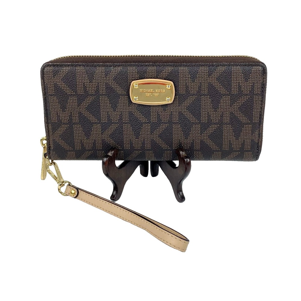 Michael Kors Zip Around Wallet Brown Jet Set Travel Continental Wristlet Clutch